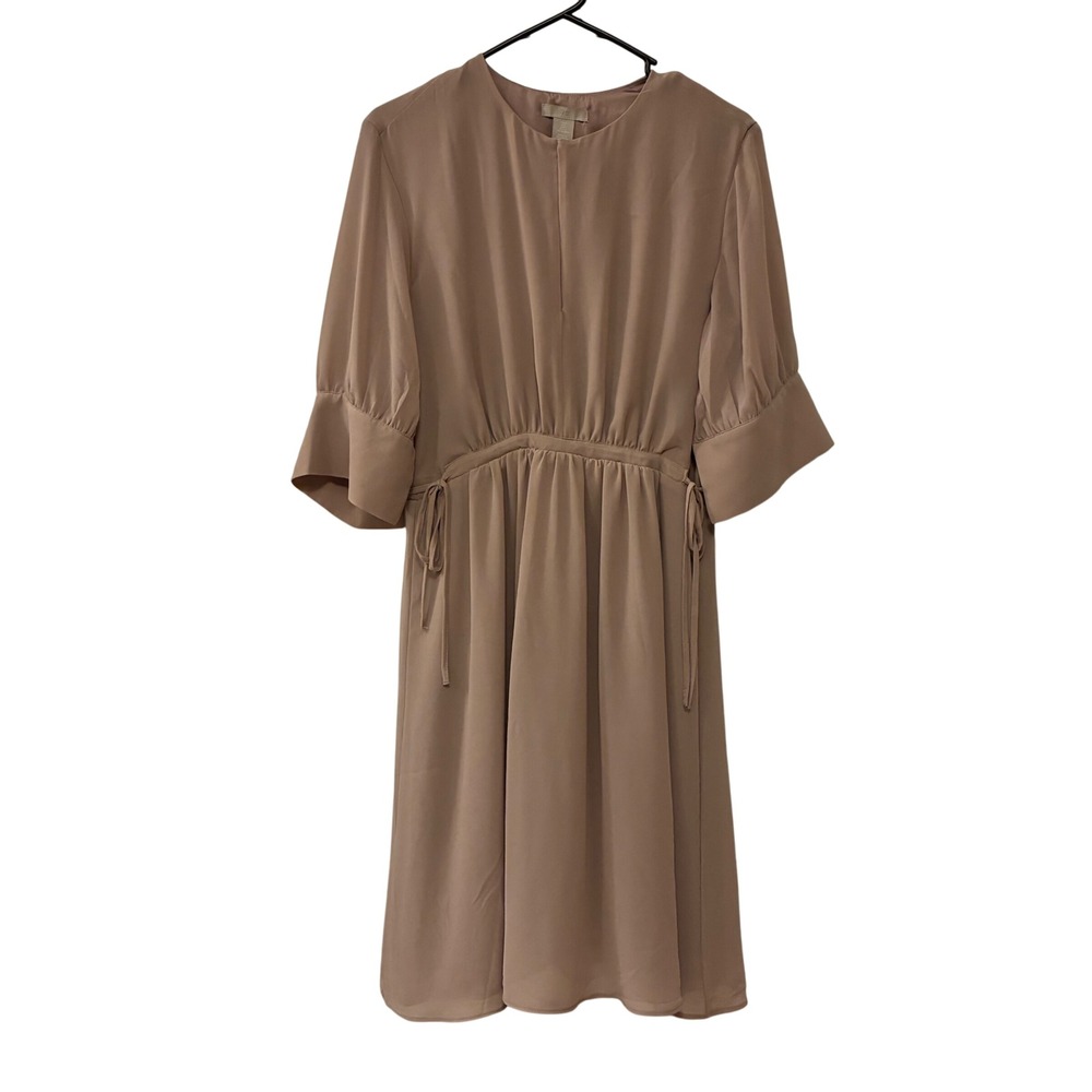 H&M Pale Pink Taupe Chiffon Midi Dress Drawstring Puff Sleeve Women Size Small